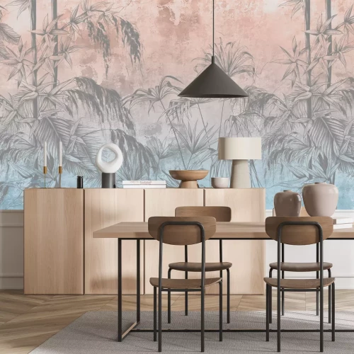 Papier peint  Branches de bambou avec des feuilles sur du béton