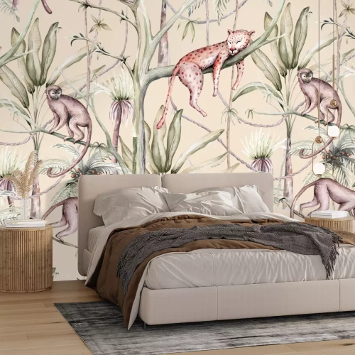 Papier peint  Chats et singes sauvages sur des plantes tropicales