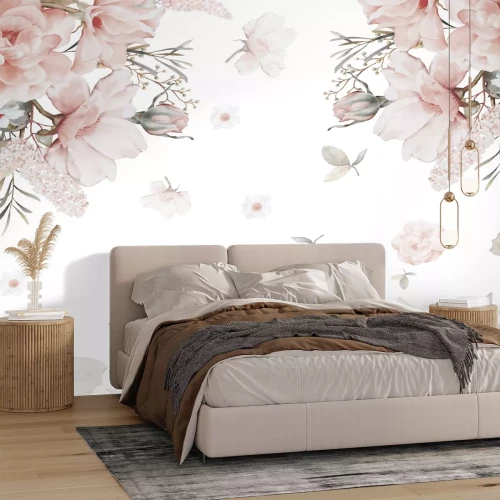 Papier peint  Aquarelle de fleurs et de feuilles sur fond blanc