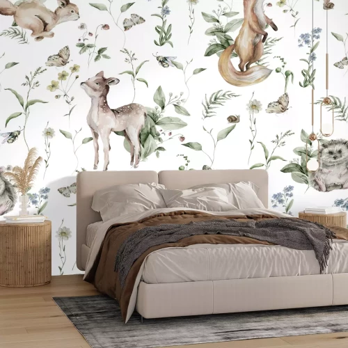 Papier peint  Animaux et plantes de la forêt à l'aquarelle