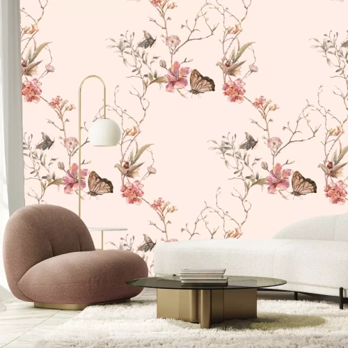 Papier peint  Papillons parmi les fleurs sur les branches