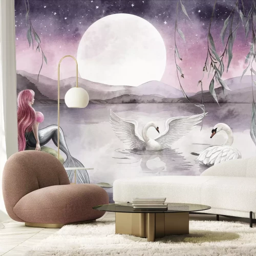 Papier peint  Motif aquarelle sirène et cygnes à la pleine lune