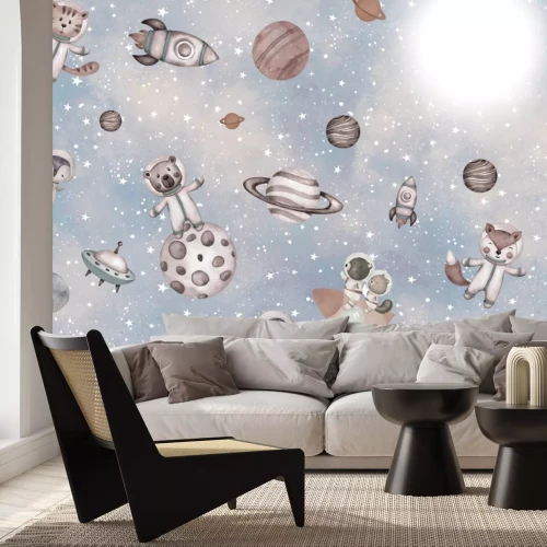 Papier peint  Animaux et planètes sur fond étoilé