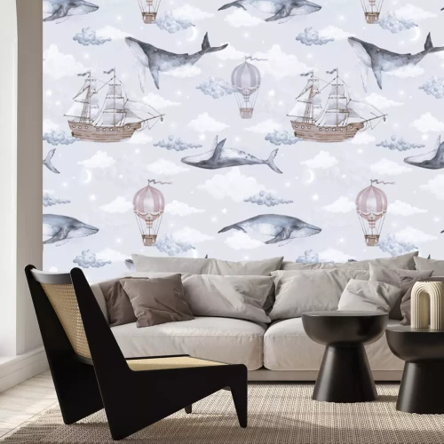 Papier peint  Baleines et navires contre un ciel nuageux