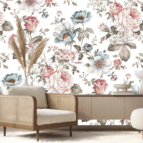 Papier peint  Fleurs à l'aquarelle pastel sur fond blanc