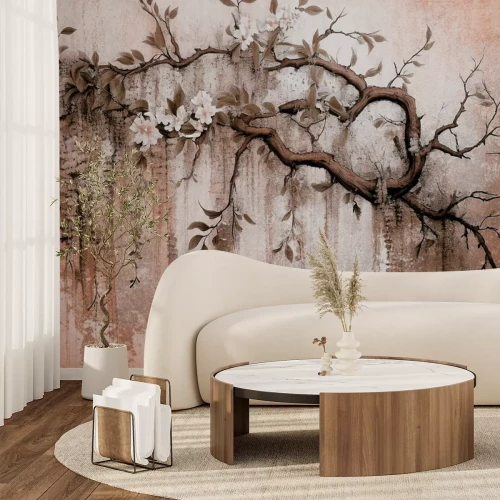 Papier peint  Fleurs blanches sur une branche avec une texture de béton