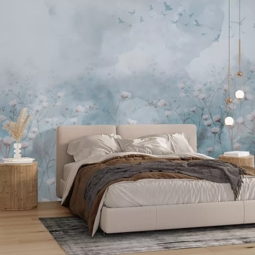 Papier peint  Fleurs sauvages et oiseaux sur fond aquarelle