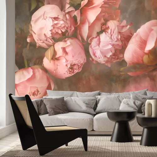 Papier peint  Gros plan de pivoines roses dans un style rétro