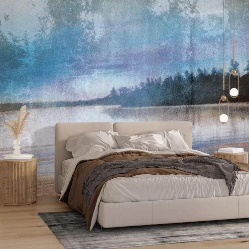 Papier peint  Paysage d'un bateau sur un lac avec un effet béton