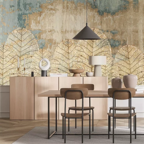 Papier peint  Feuilles 3D sur fond texturé effet béton