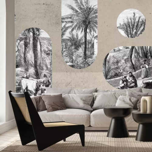 Papier peint  Paysage noir et blanc aux formes géométriques dans un style vintage