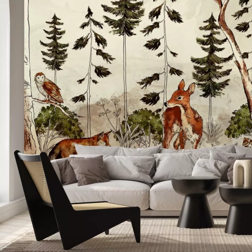 Papier peint  Animaux sauvages dans une forêt à l'aquarelle