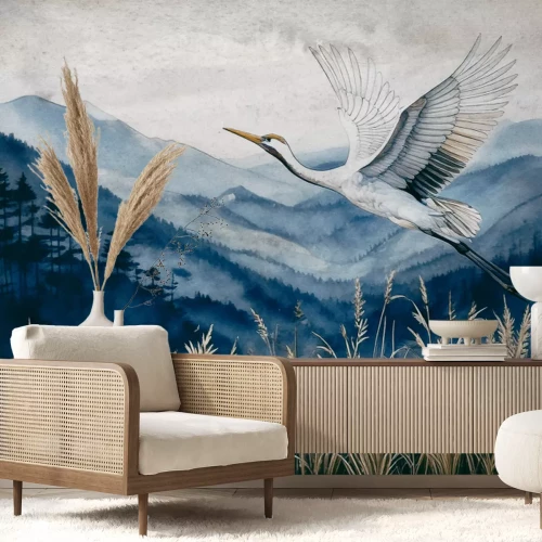 Papier peint  Un héron sur un paysage de montagne à l'aquarelle