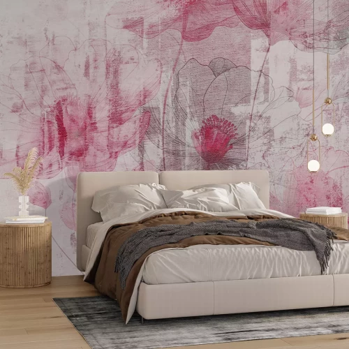 Papier peint  Fleurs roses sur fond texturé