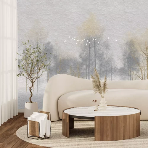 Papier peint  Oiseaux blancs sur un paysage brumeux