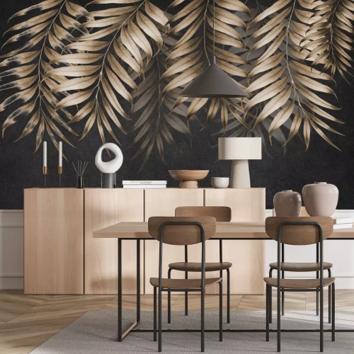 Papier peint  Grandes feuilles de palmier sur fond noir