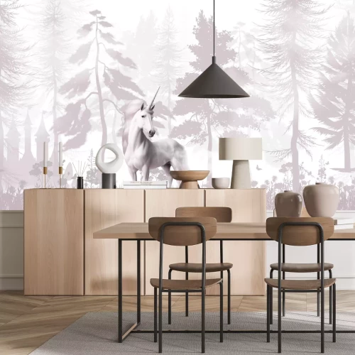 Papier peint  Une licorne et un château dans une forêt de conte de fées