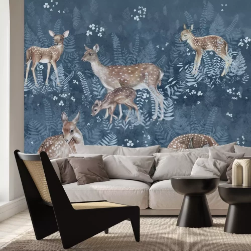 Papier peint  Motif aquarelle de cerfs et de feuilles de fougère