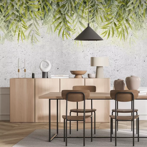 Papier peint  Feuilles vertes suspendues au-dessus d'un fond de béton gris