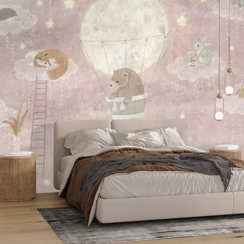 Papier peint  Animaux sur fond de ciel rose - illustration pour enfants