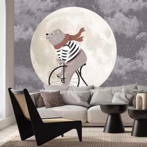 Papier peint  Un ours avec un vélo sur fond de pleine lune