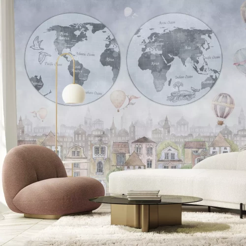 Papier peint  Carte du monde et ballons sur une illustration de maisons colorées