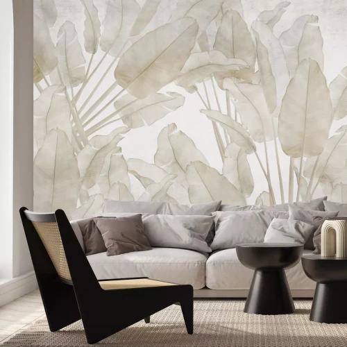 Papier peint  Grandes feuilles tropicales aux couleurs beiges