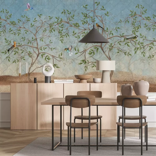 Papier peint  Oiseaux et arbres avec des formes géométriques en arrière-plan