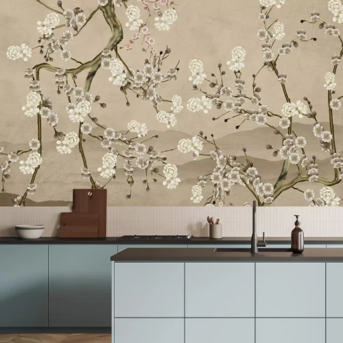 Papier peint  Fleurs en fleurs sur des branches d'arbres avec un fond texturé