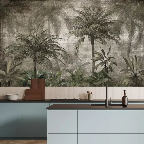Papier peint  Paysage vert avec des plantes tropicales sur un fond texturé