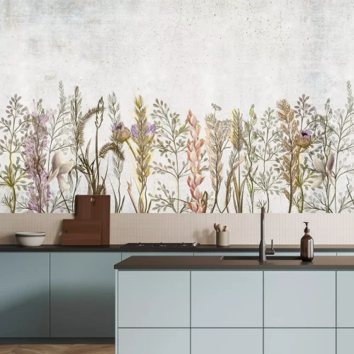 Papier peint  Plantes et fleurs des champs sur fond gris