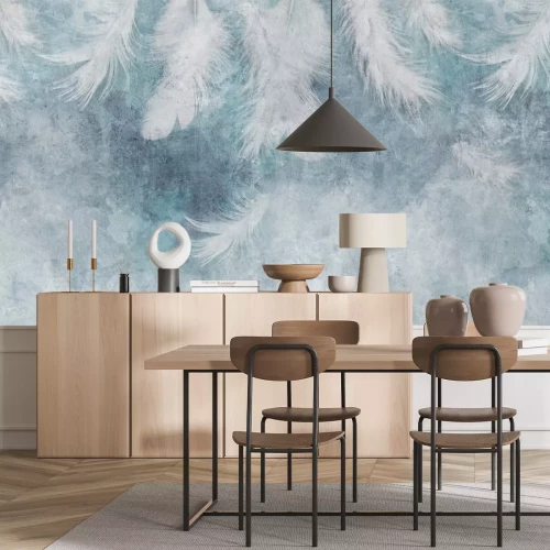 Papier peint  Plumes sur fond de béton bleu