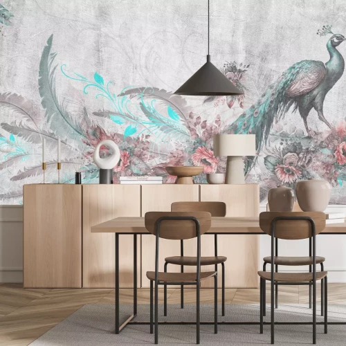 Papier peint  Paon et fleurs sur fond gris texturé