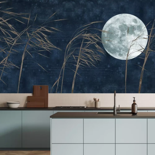 Papier peint  Pleine lune et herbe sur fond bleu marine