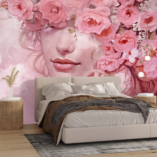 Papier peint  Portrait rose d'une femme avec des fleurs sur la tête