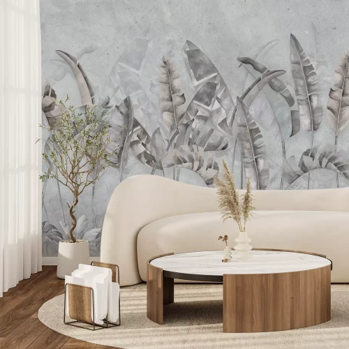 Papier peint  Feuilles de bananier et de monstera sur fond de béton