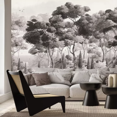 Papier peint  Paysage monochrome d'une forêt luxuriante