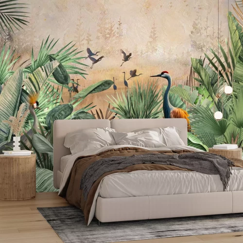 Papier peint  Grues dans une jungle tropicale avec des plantes