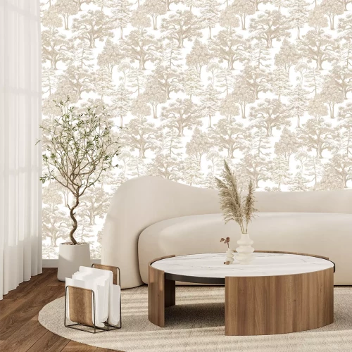Papier peint  Motif d'arbres beiges sur fond blanc