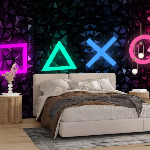 Papier peint  Symboles de jeu au néon sur fond géométrique