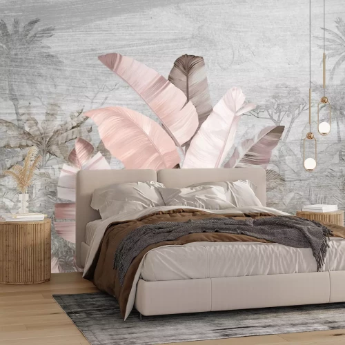 Papier peint  Feuilles tropicales pastel sur fond de palmier gris