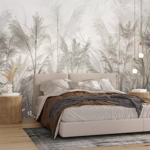 Papier peint  Composition botanique d'herbes beiges et de fleurs blanches