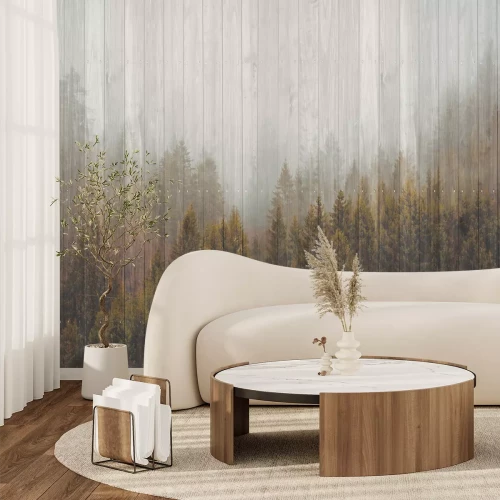 Papier peint  Composition effet bois mystérieuse de forêt brumeuse