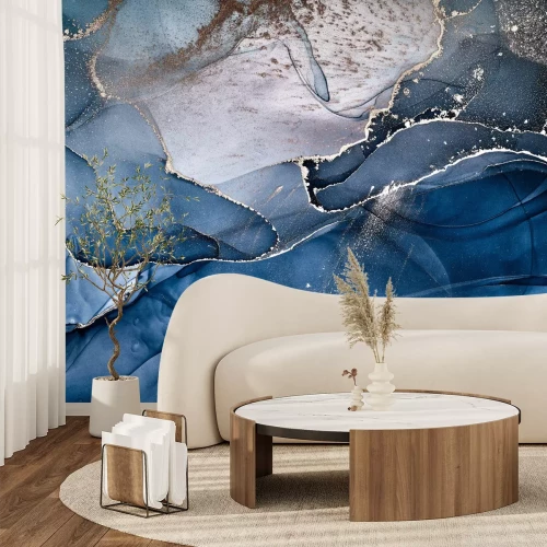 Papier peint  Composition élégante en marbre avec des accents bleus et argentés