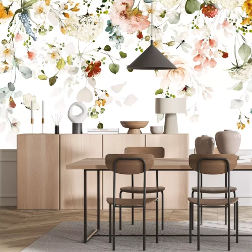 Papier peint  Une composition de fleurs et de feuilles à l'aquarelle