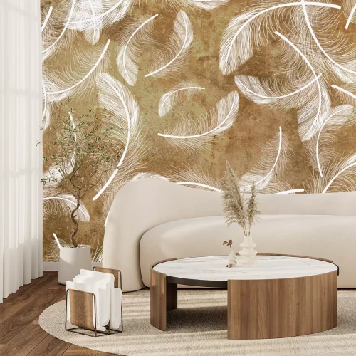 Papier peint  Plumes blanches sur composition en béton