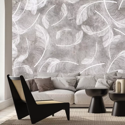 Papier peint  Plumes blanches sur fond de béton gris