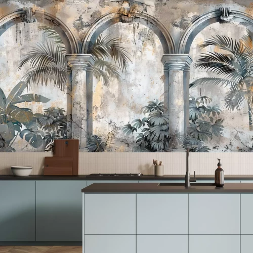 Papier peint  Une fresque murale avec des colonnes et des arches architecturales parmi les palmiers
