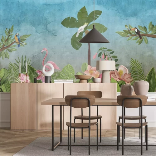 Papier peint  Paradis tropical avec flamants roses et perroquets