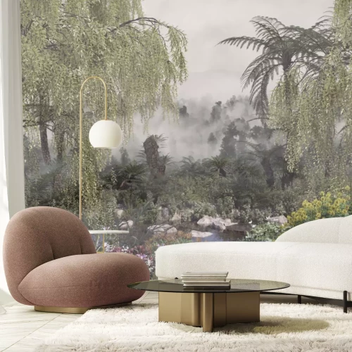 Papier peint  Arbres tropicaux et fleurs colorées dans la brume matinale